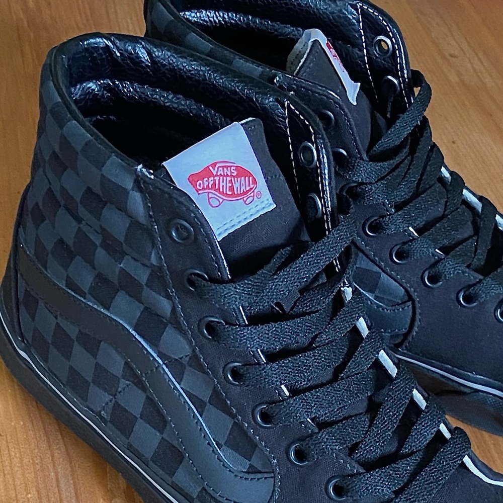 Custom Black Checkered Vans, Sk8-Hi, Size: M 9.5 W 11